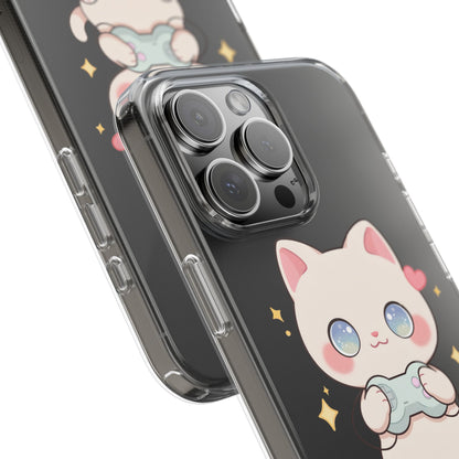 Kawaii Gamer Cat Clear Phone Case for Gaming Fans