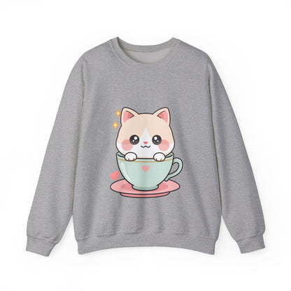 Kawaii Cat Sweatshirt, Cute Cat in Teacup Crewneck
