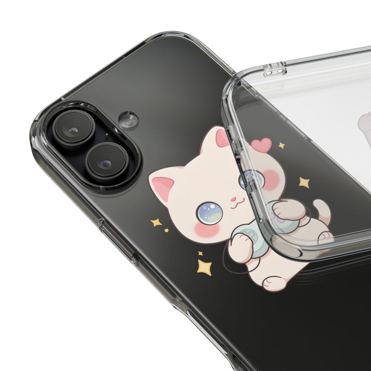 Kawaii Gamer Cat Clear Phone Case for Gaming Fans