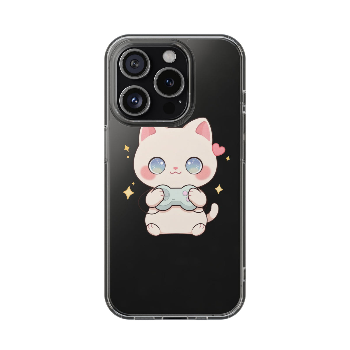 Kawaii Gamer Cat Clear Phone Case for Gaming Fans