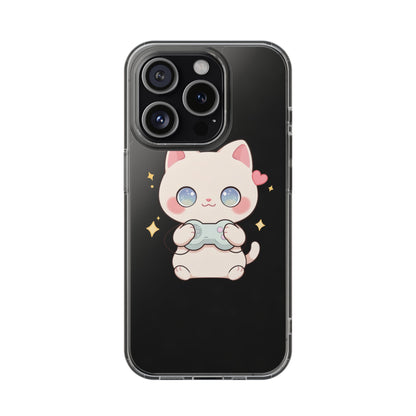 Kawaii Gamer Cat Clear Phone Case for Gaming Fans