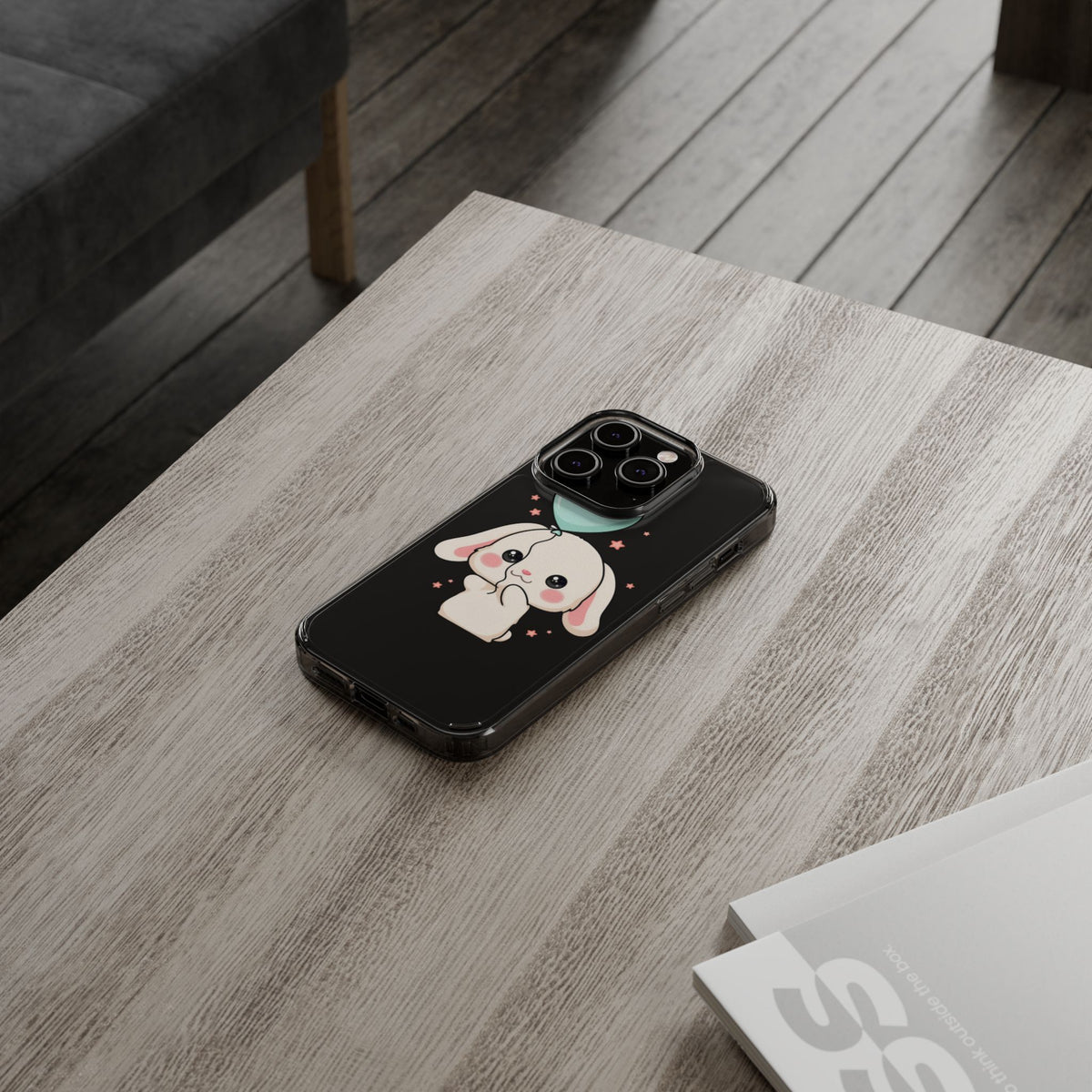 Kawaii Bunny Phone Case with Balloon, Clear Impact-Resistant