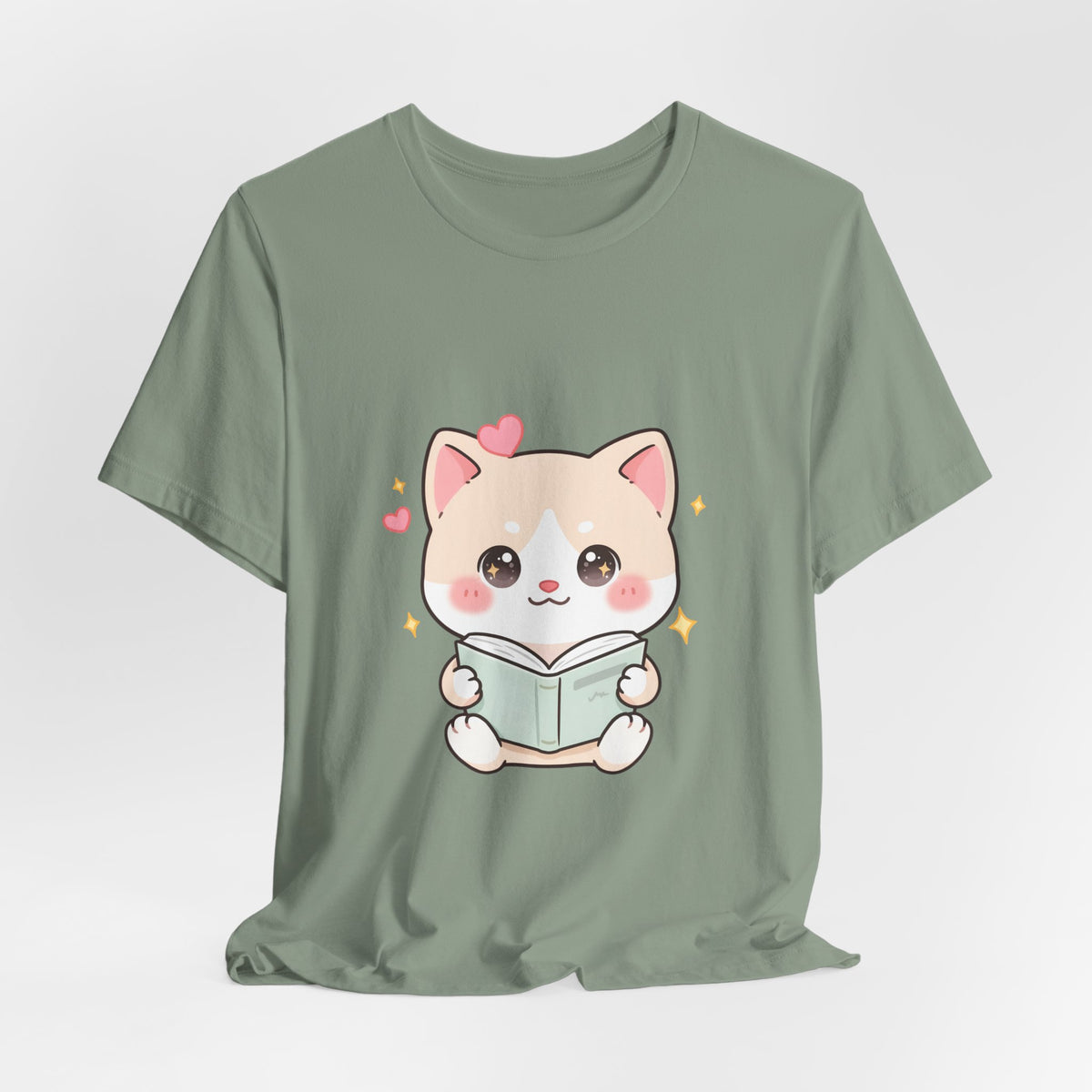 Kawaii Reading Cat T-Shirt for Book Lovers