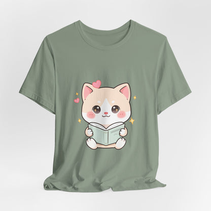 Kawaii Reading Cat T-Shirt for Book Lovers