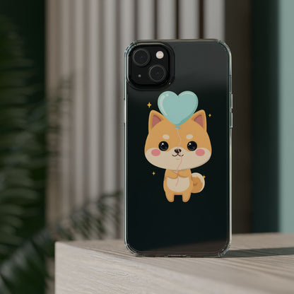 Kawaii Shiba Inu Clear Phone Case with Heart Balloon