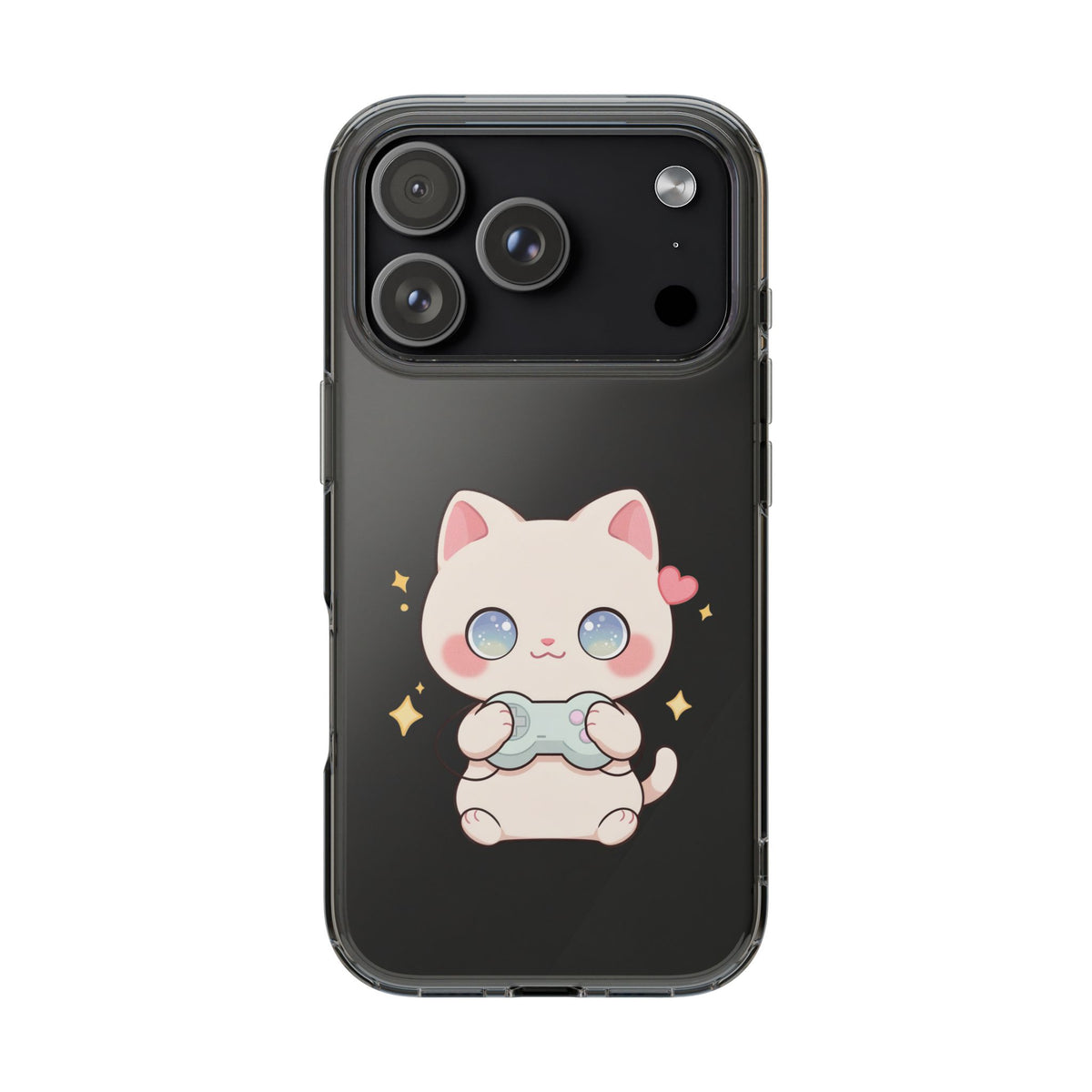 Kawaii Gamer Cat Clear Phone Case for Gaming Fans