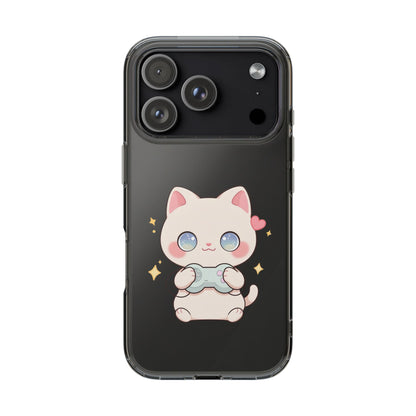 Kawaii Gamer Cat Clear Phone Case for Gaming Fans