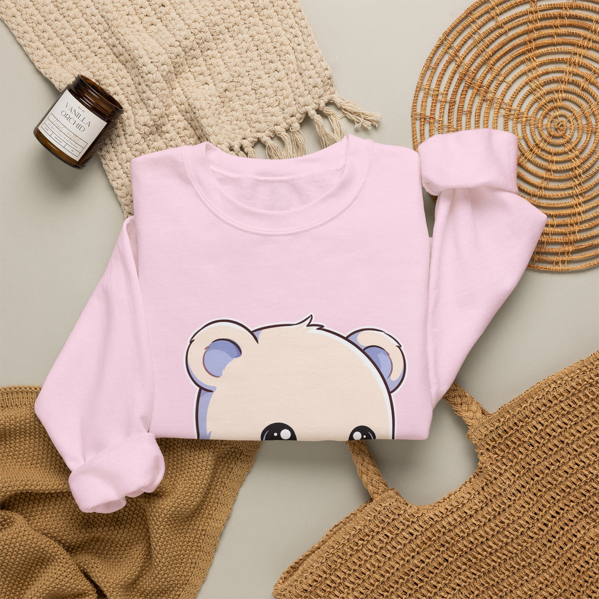 Kawaii Polar Bear Sweatshirt, Cute Sledding Cub Crewneck