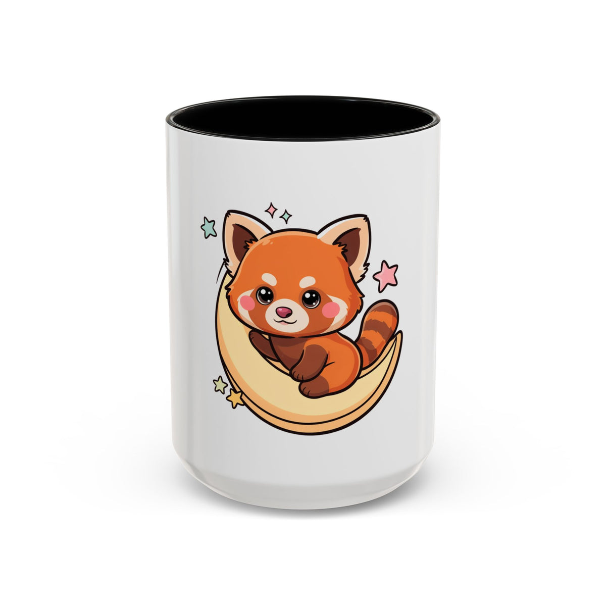 Red Panda Accent Coffee Mug, Kawaii Crescent Moon