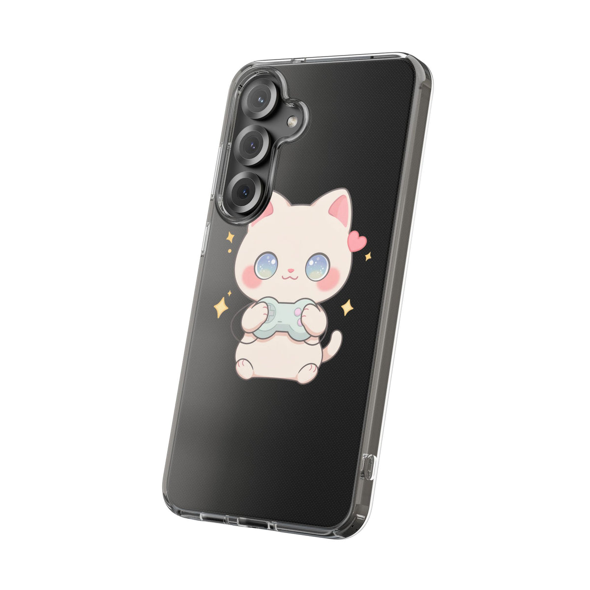 Kawaii Gamer Cat Clear Phone Case for Gaming Fans