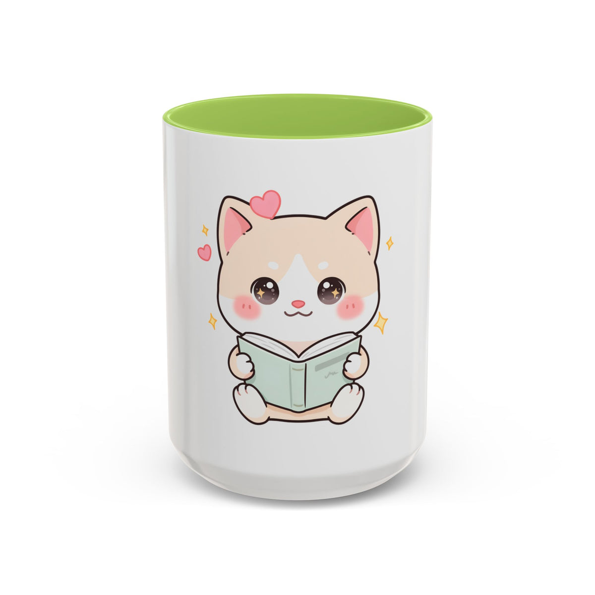 Kawaii Cat Reading Mug, Cute Book Lover Accent Coffee Mug