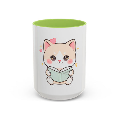 Kawaii Cat Reading Mug, Cute Book Lover Accent Coffee Mug