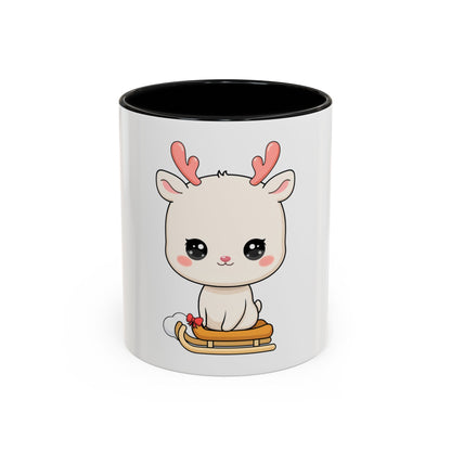 Christmas Reindeer Accent Coffee Mug, Cute Kawaii Sledding Gift
