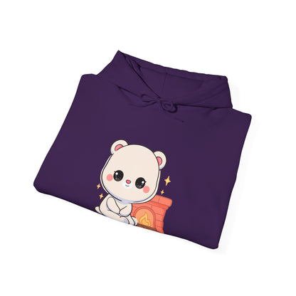 Kawaii Polar Bear Hoodie, Cozy Fireplace Cub Sweatshirt