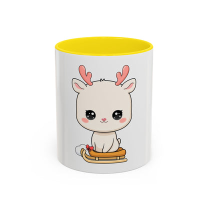 Christmas Reindeer Accent Coffee Mug, Cute Kawaii Sledding Gift