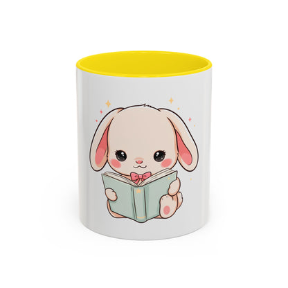 Kawaii Reading Bunny Mug, Cute Book Lover Accent Coffee Mug