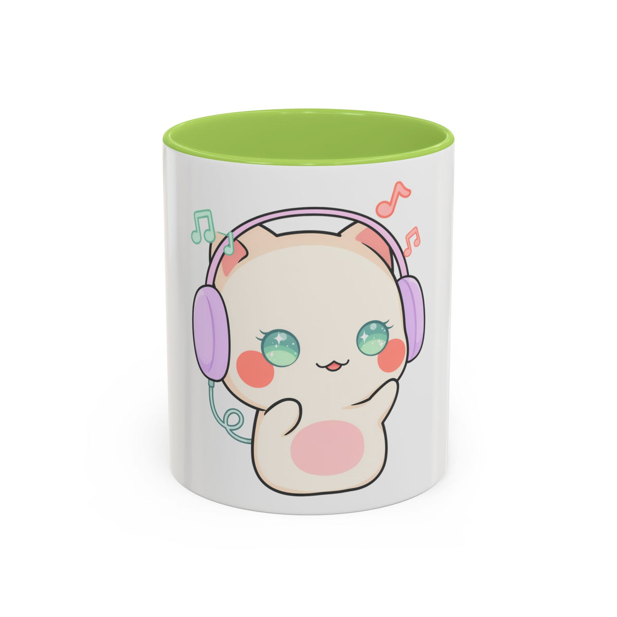 Kawaii Cat Coffee Mug, Music Lover Accent Ceramic Mug