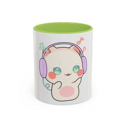 Kawaii Cat Coffee Mug, Music Lover Accent Ceramic Mug