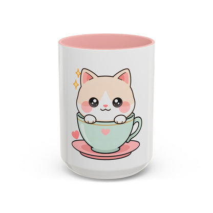 Kawaii Cat Coffee Mug, Cute Cat in Teacup Accent Mug
