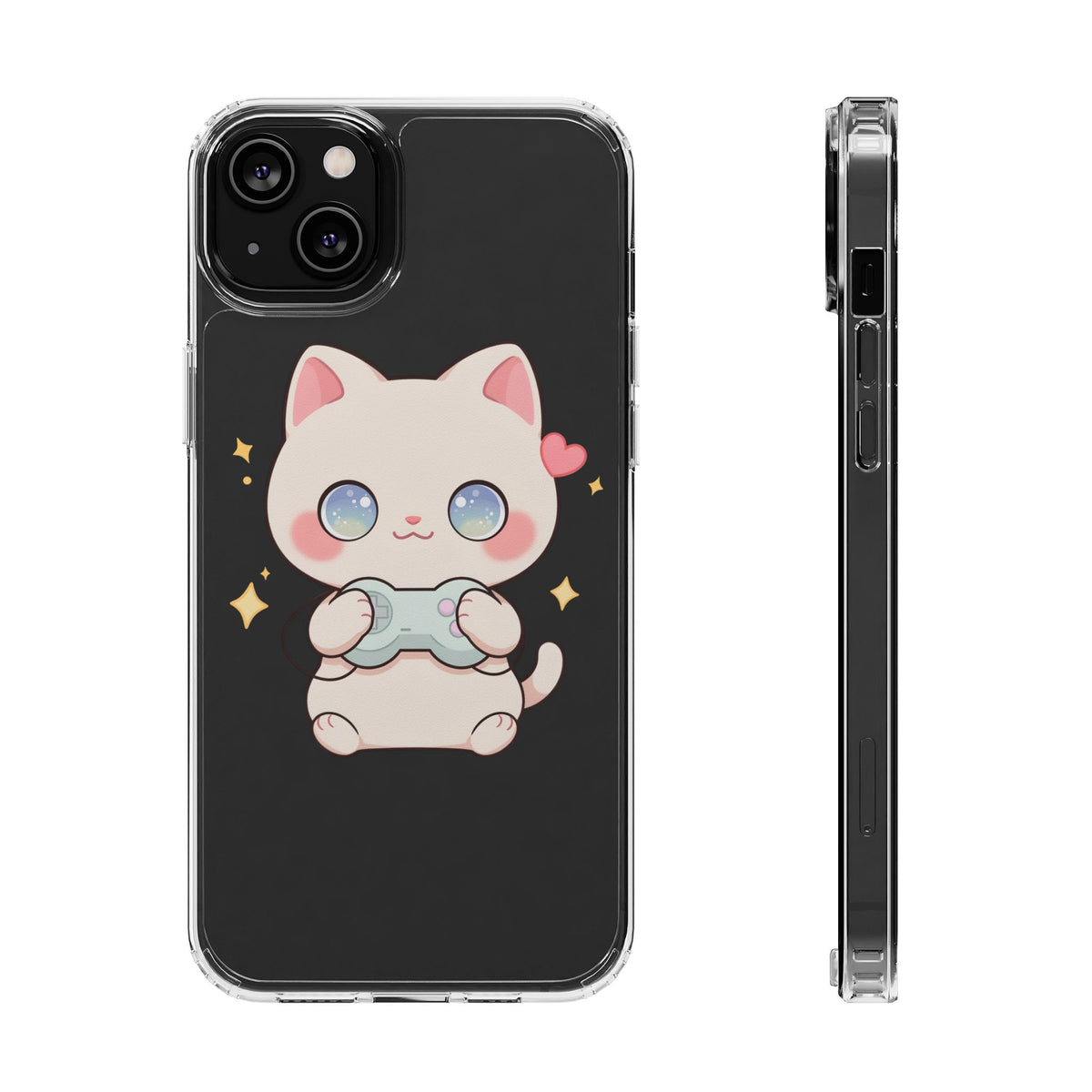 Kawaii Gamer Cat Clear Phone Case for Gaming Fans