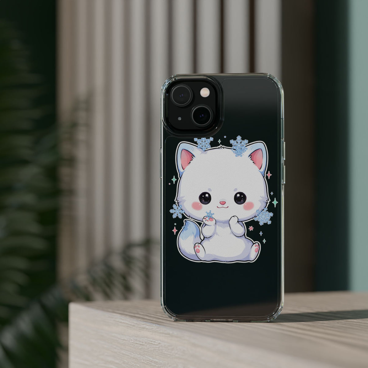 Kawaii Arctic Fox Phone Case, Cute Snowflake Clear Case