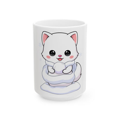 Kawaii Arctic Fox Mug, Cute Snowy Animal Ceramic Cup
