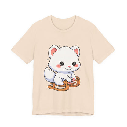 Kawaii Arctic Fox Sledding T-Shirt, Cute Unisex Tee