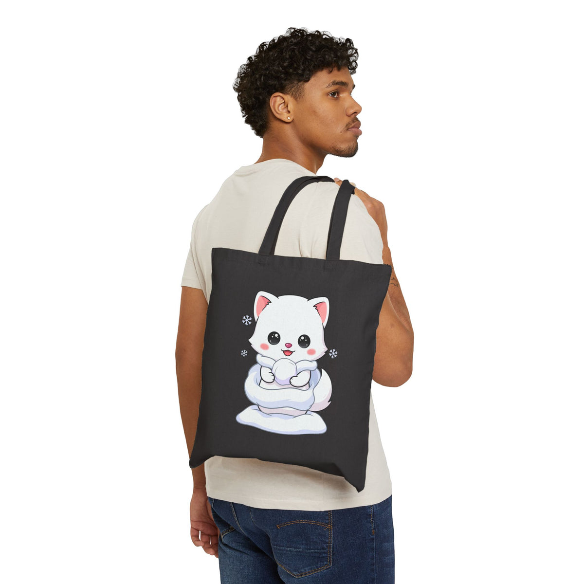Kawaii Arctic Fox Cotton Canvas Tote Bag for Snowy Days
