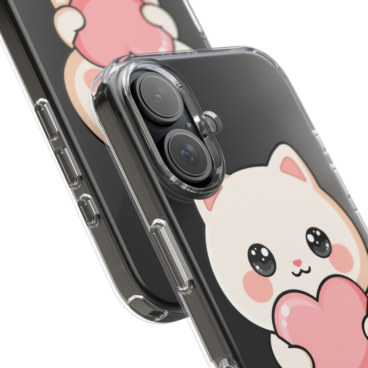 Kawaii Cat Phone Case with Heart, Clear Impact-Resistant