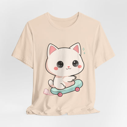 Kawaii Skateboarding Cat T-Shirt – Cute Chibi Kitty Tee
