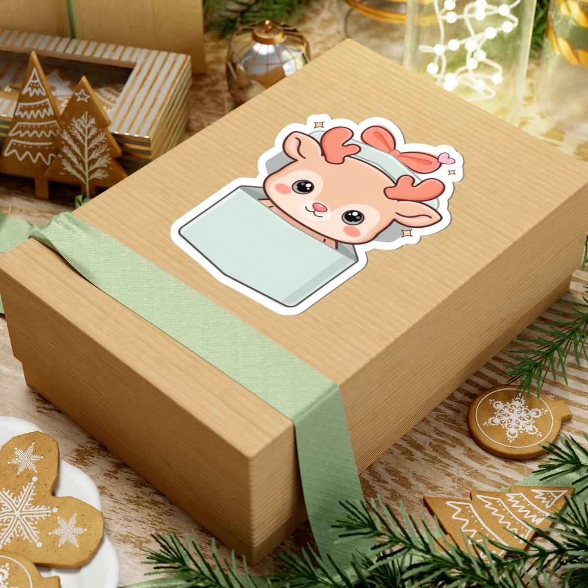 Kawaii Reindeer Sticker, Cute Christmas Gift Box Decal