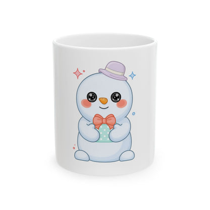 Kawaii Snowman Mug, Cute Holiday Ceramic Coffee Cup