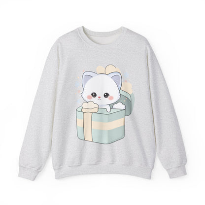 Kawaii Arctic Fox Sweatshirt, Cute Gift Box Fox Crewneck