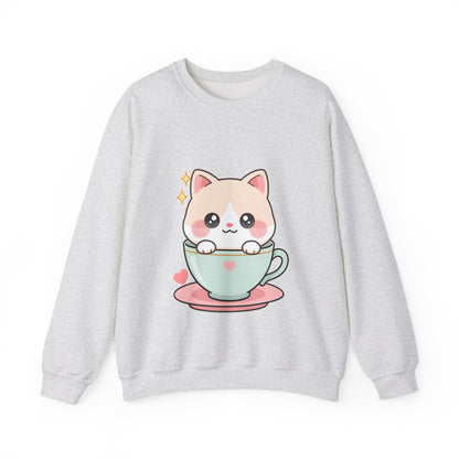 Kawaii Cat Sweatshirt, Cute Cat in Teacup Crewneck