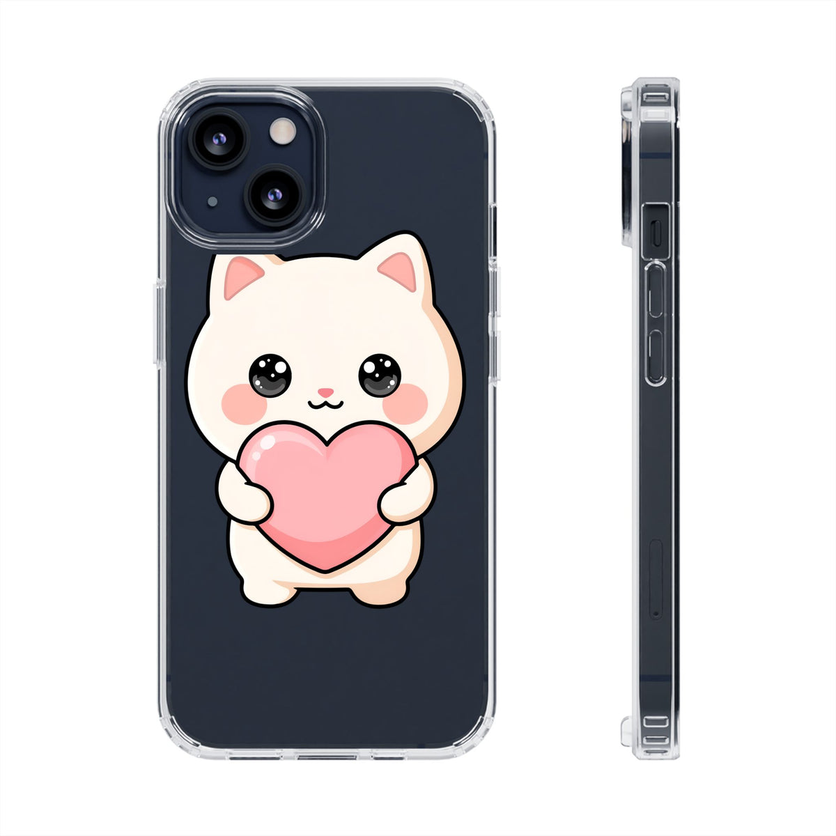 Kawaii Cat Phone Case with Heart, Clear Impact-Resistant