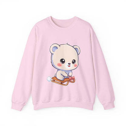 Kawaii Polar Bear Sweatshirt, Cute Sledding Cub Crewneck