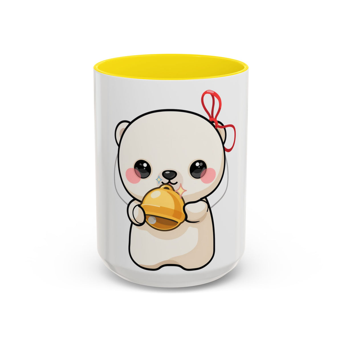 Kawaii Polar Bear Mug, Cute Jingle Bell Accent Coffee Cup