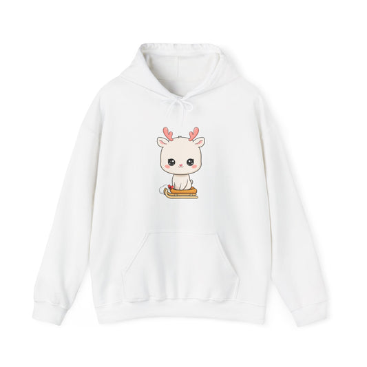 Kawaii Reindeer Hoodie, Cute Holiday Sledding Sweatshirt