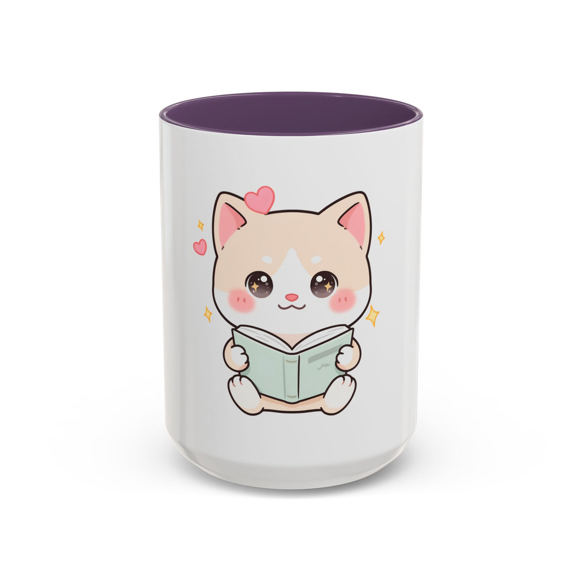 Kawaii Cat Reading Mug, Cute Book Lover Accent Coffee Mug
