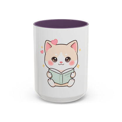 Kawaii Cat Reading Mug, Cute Book Lover Accent Coffee Mug