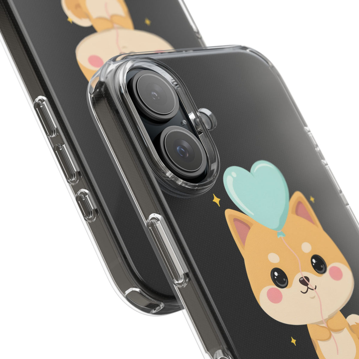 Kawaii Shiba Inu Clear Phone Case with Heart Balloon
