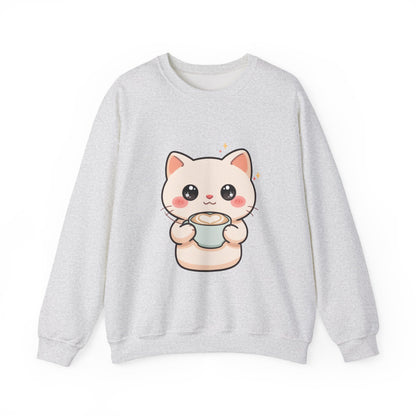 Kawaii Latte Cat Sweatshirt, Cute Chibi Coffee Cat Crewneck