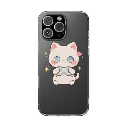 Kawaii Gamer Cat Clear Phone Case for Gaming Fans