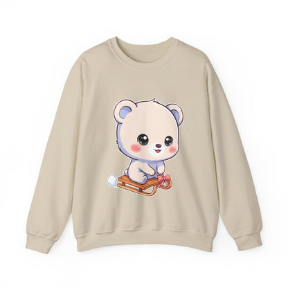 Kawaii Polar Bear Sweatshirt, Cute Sledding Cub Crewneck