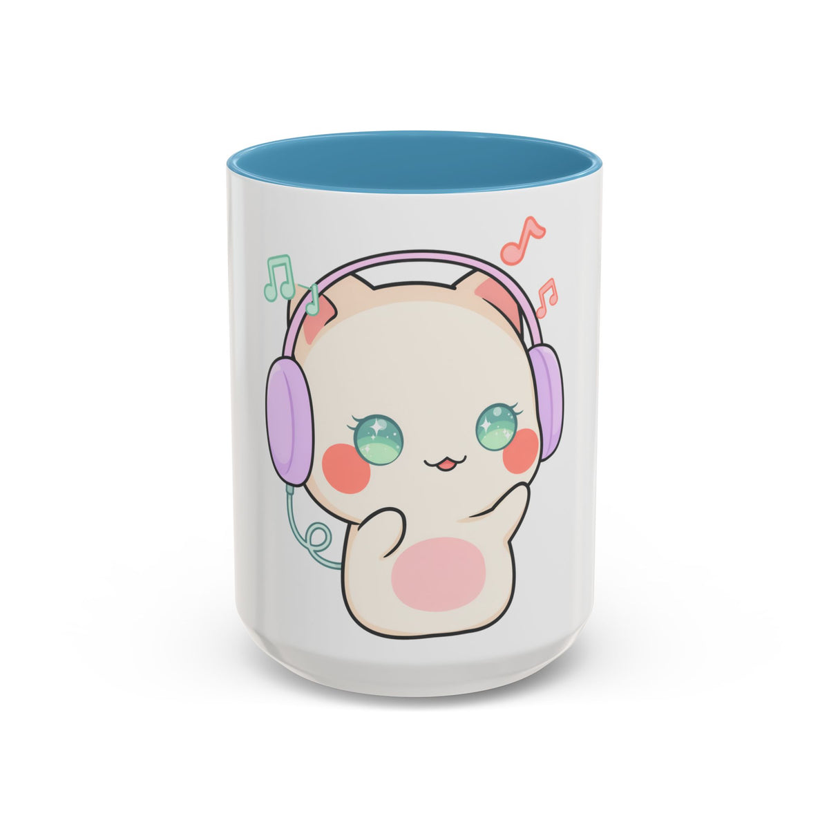 Kawaii Cat Coffee Mug, Music Lover Accent Ceramic Mug