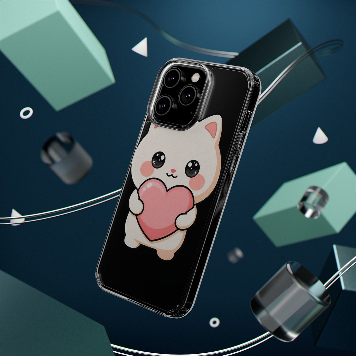 Kawaii Cat Phone Case with Heart, Clear Impact-Resistant