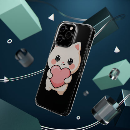Kawaii Cat Phone Case with Heart, Clear Impact-Resistant