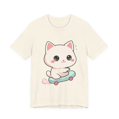 Kawaii Skateboarding Cat T-Shirt – Cute Chibi Kitty Tee