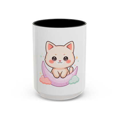 Kawaii Cat Moon Accent Coffee Mug, Cute Cat Lover Gift