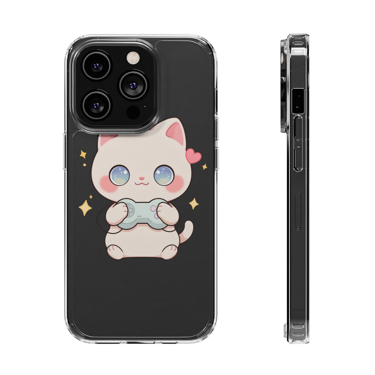 Kawaii Gamer Cat Clear Phone Case for Gaming Fans